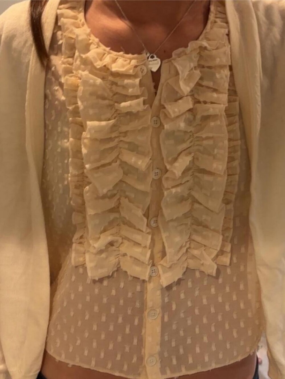 JCrew Cream Ruffle Cropped Shwer Blouse + Cardigan Set! 100% Merino Wool! Small
